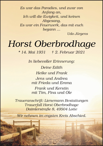 Traueranzeige von Horst Oberbrodhage von Neue Osnabrücker Zeitung GmbH & Co. KG