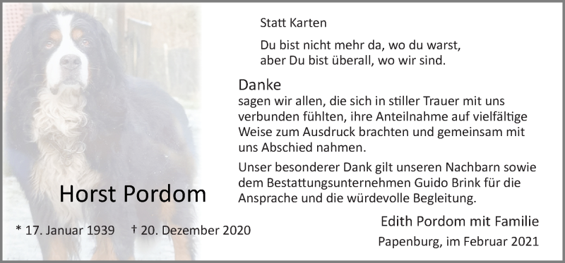  Traueranzeige für Horst Pordom vom 27.02.2021 aus Neue Osnabrücker Zeitung GmbH & Co. KG