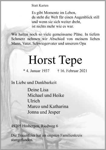 Traueranzeige von Horst Tepe von Neue Osnabrücker Zeitung GmbH & Co. KG