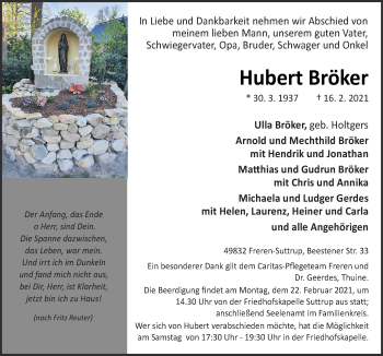 Traueranzeige von Hubert Bröker von Neue Osnabrücker Zeitung GmbH & Co. KG