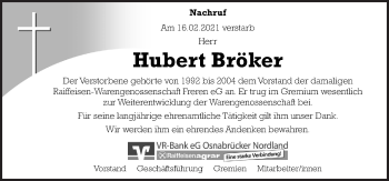 Traueranzeige von Hubert Bröker von Neue Osnabrücker Zeitung GmbH & Co. KG