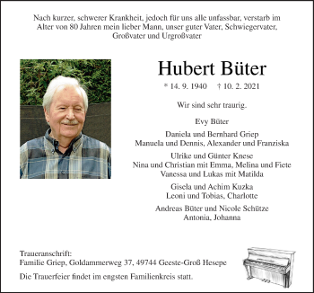 Traueranzeige von Hubert Büter von Neue Osnabrücker Zeitung GmbH & Co. KG