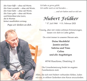 Traueranzeige von Hubert Feldker von Neue Osnabrücker Zeitung GmbH & Co. KG