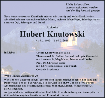 Traueranzeige von Hubert Knutowski von Neue Osnabrücker Zeitung GmbH & Co. KG