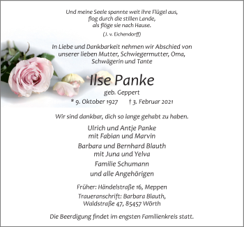Traueranzeige von Ilse Panke von Neue Osnabrücker Zeitung GmbH & Co. KG