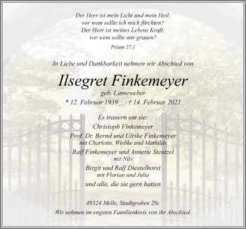 Traueranzeige von Ilsegret Finkemeyer von Neue Osnabrücker Zeitung GmbH & Co. KG