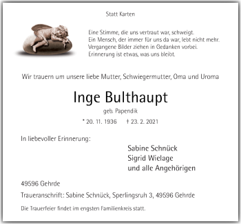 Traueranzeige von Inge Bulthaupt von Neue Osnabrücker Zeitung GmbH & Co. KG