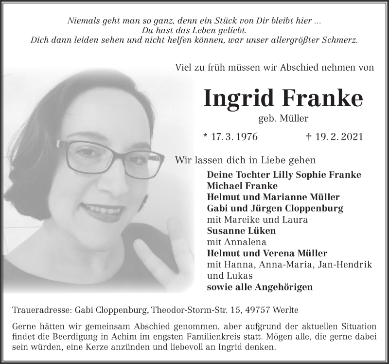  Traueranzeige für Ingrid Franke vom 24.02.2021 aus Neue Osnabrücker Zeitung GmbH & Co. KG