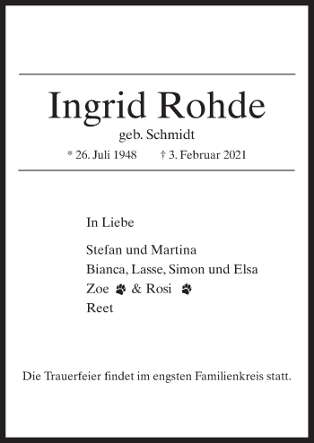 Traueranzeige von Ingrid Rohde von Neue Osnabrücker Zeitung GmbH & Co. KG