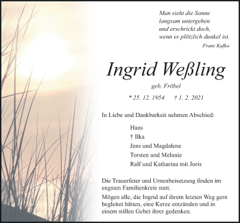 Traueranzeige von Ingrid Weßling von Neue Osnabrücker Zeitung GmbH & Co. KG
