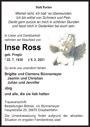Traueranzeige von Inse Ross von Neue Osnabrücker Zeitung GmbH & Co. KG