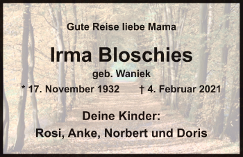 Traueranzeige von Irma Bloschies von Neue Osnabrücker Zeitung GmbH & Co. KG