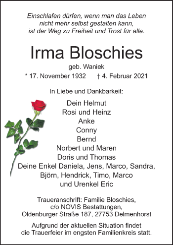 Traueranzeige von Irma Bloschies von Neue Osnabrücker Zeitung GmbH & Co. KG