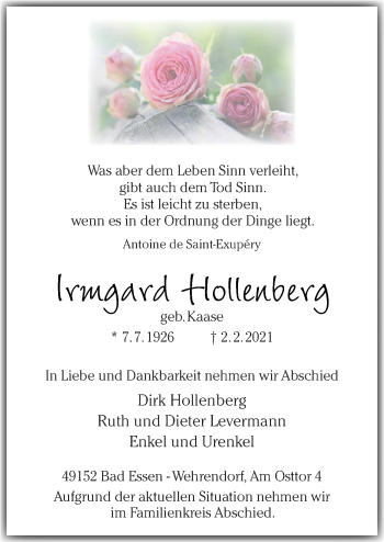 Traueranzeige von Irmgard Hollenberg von Neue Osnabrücker Zeitung GmbH & Co. KG
