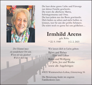 Traueranzeige von Irmhild Arens von Neue Osnabrücker Zeitung GmbH & Co. KG