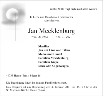 Traueranzeige von Jan Mecklenburg von Neue Osnabrücker Zeitung GmbH & Co. KG