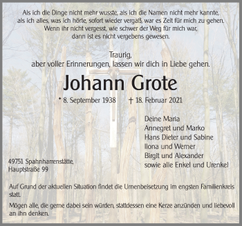 Traueranzeige von Johann Grote von Neue Osnabrücker Zeitung GmbH & Co. KG