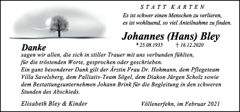 Traueranzeige von Johannes Bley von Neue Osnabrücker Zeitung GmbH & Co. KG