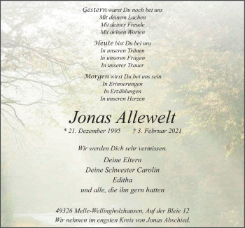 Traueranzeige von Jonas Allewelt von Neue Osnabrücker Zeitung GmbH & Co. KG
