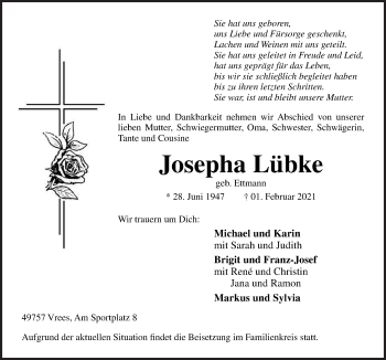 Traueranzeige von Josepha Lübke von Neue Osnabrücker Zeitung GmbH & Co. KG