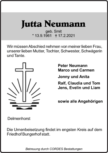 Traueranzeige von Jutta Neumann von Neue Osnabrücker Zeitung GmbH & Co. KG