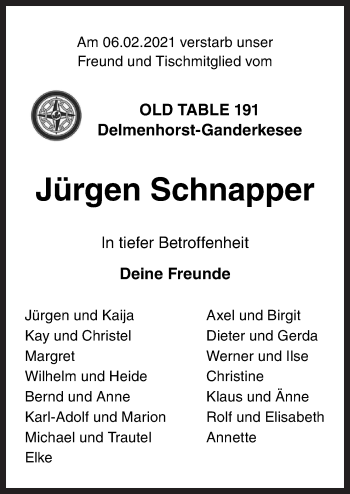 Traueranzeige von Jürgen Schnapper von Neue Osnabrücker Zeitung GmbH & Co. KG