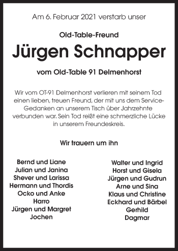 Traueranzeige von Jürgen Schnapper von Neue Osnabrücker Zeitung GmbH & Co. KG