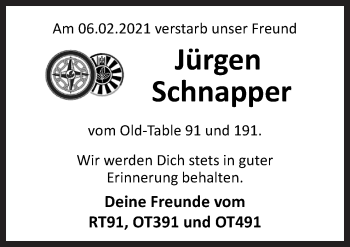 Traueranzeige von Jürgen Schnapper von Neue Osnabrücker Zeitung GmbH & Co. KG