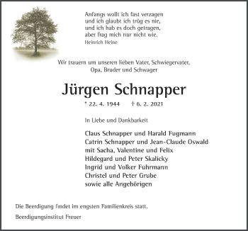 Traueranzeige von Jürgen Schnapper von Neue Osnabrücker Zeitung GmbH & Co. KG
