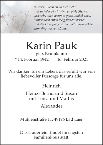 Traueranzeige von Karin Pauk von Neue Osnabrücker Zeitung GmbH & Co. KG