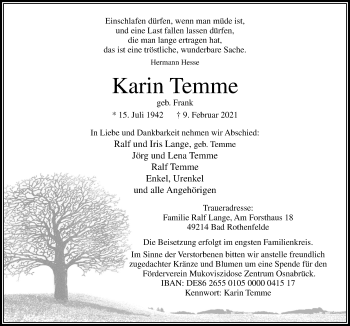 Traueranzeige von Karin Temme von Neue Osnabrücker Zeitung GmbH & Co. KG