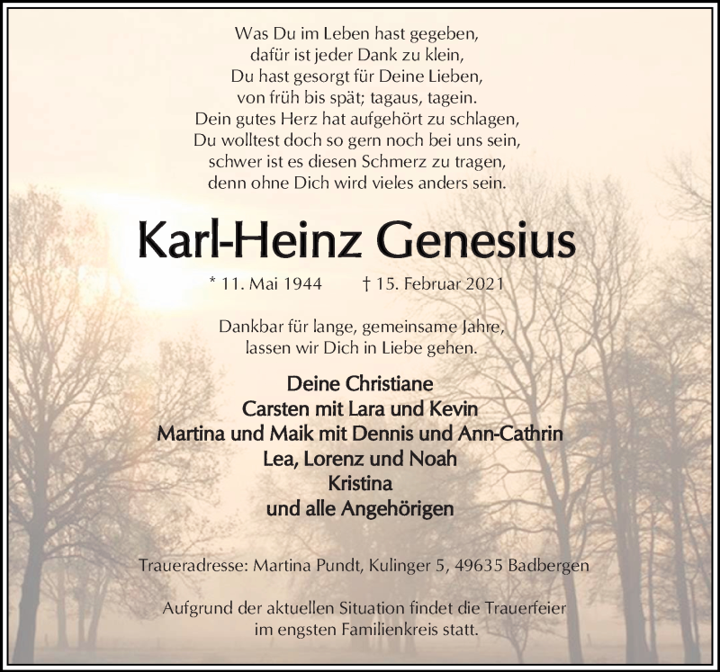  Traueranzeige für Karl-Heinz Genesius vom 20.02.2021 aus Neue Osnabrücker Zeitung GmbH & Co. KG
