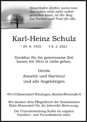Traueranzeige von Karl-Heinz Schulz von Neue Osnabrücker Zeitung GmbH & Co. KG