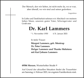 Traueranzeige von Karl Lammers von Neue Osnabrücker Zeitung GmbH & Co. KG