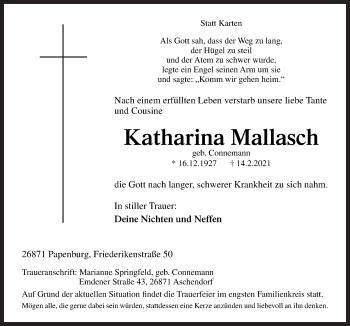 Traueranzeige von Katharina Mallasch von Neue Osnabrücker Zeitung GmbH & Co. KG