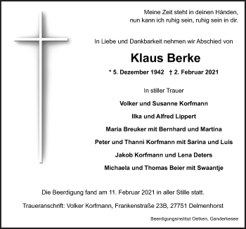 Traueranzeige von Klaus Berke von Neue Osnabrücker Zeitung GmbH & Co. KG