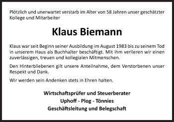 Traueranzeige von Klaus Biemann von Neue Osnabrücker Zeitung GmbH & Co. KG
