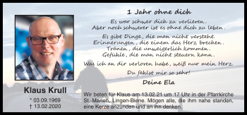 Traueranzeige von Klaus Krull von Neue Osnabrücker Zeitung GmbH & Co. KG