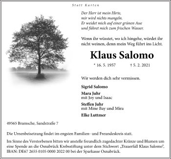 Traueranzeige von Klaus Salomo von Neue Osnabrücker Zeitung GmbH & Co. KG