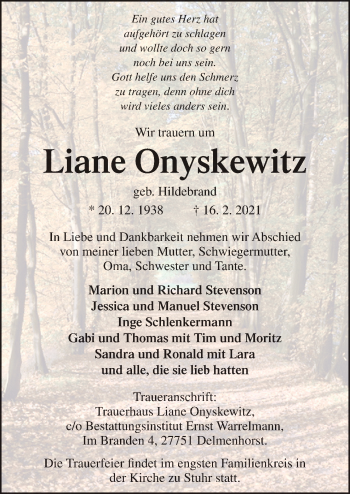 Traueranzeige von Liane Onyskewitz von Neue Osnabrücker Zeitung GmbH & Co. KG