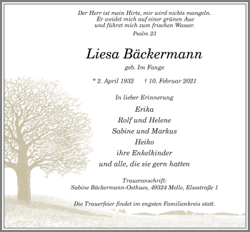 Traueranzeige von Liesa Bäckermann von Neue Osnabrücker Zeitung GmbH & Co. KG
