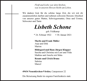 Traueranzeige von Lisbeth Schone von Neue Osnabrücker Zeitung GmbH & Co. KG
