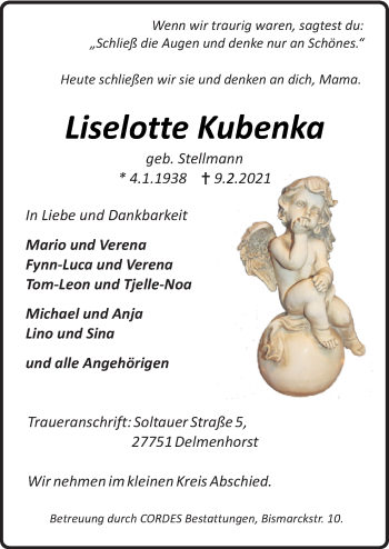 Traueranzeige von Liselotte Kubenka von Neue Osnabrücker Zeitung GmbH & Co. KG