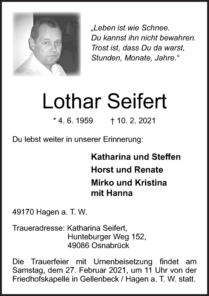  Traueranzeige für Lothar Seifert vom 24.02.2021 aus Neue Osnabrücker Zeitung GmbH & Co. KG