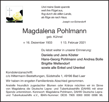 Traueranzeige von Magdalena Pohlmann von Neue Osnabrücker Zeitung GmbH & Co. KG