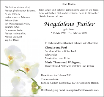 Traueranzeige von Magdalene Fuhler von Neue Osnabrücker Zeitung GmbH & Co. KG