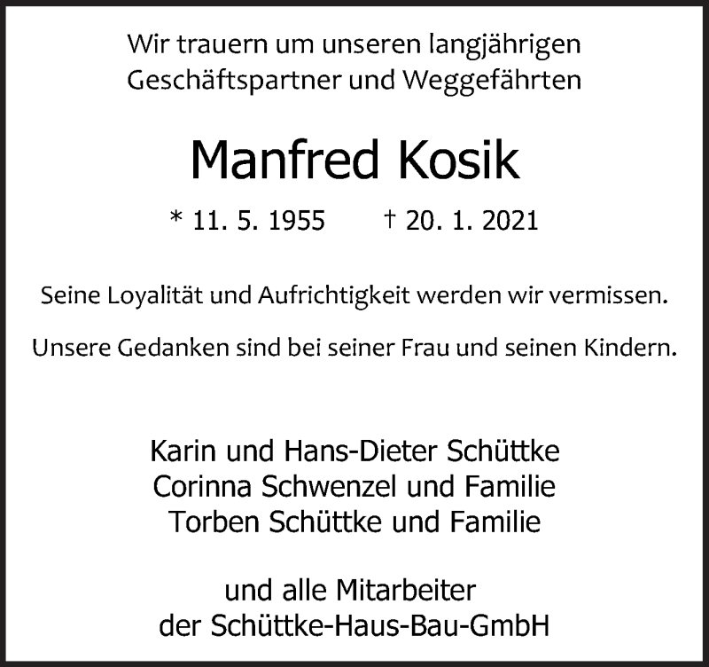  Traueranzeige für Manfred Kosik vom 06.02.2021 aus Neue Osnabrücker Zeitung GmbH & Co. KG