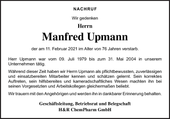 Traueranzeige von Manfred Upmann von Neue Osnabrücker Zeitung GmbH & Co. KG