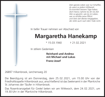 Traueranzeige von Margaretha Hanekamp von Neue Osnabrücker Zeitung GmbH & Co. KG