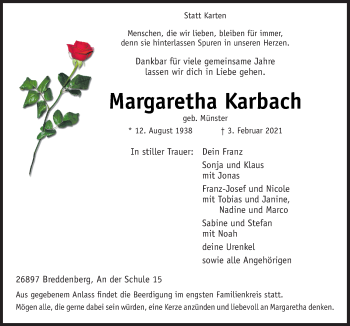 Traueranzeige von Margaretha Karbach von Neue Osnabrücker Zeitung GmbH & Co. KG